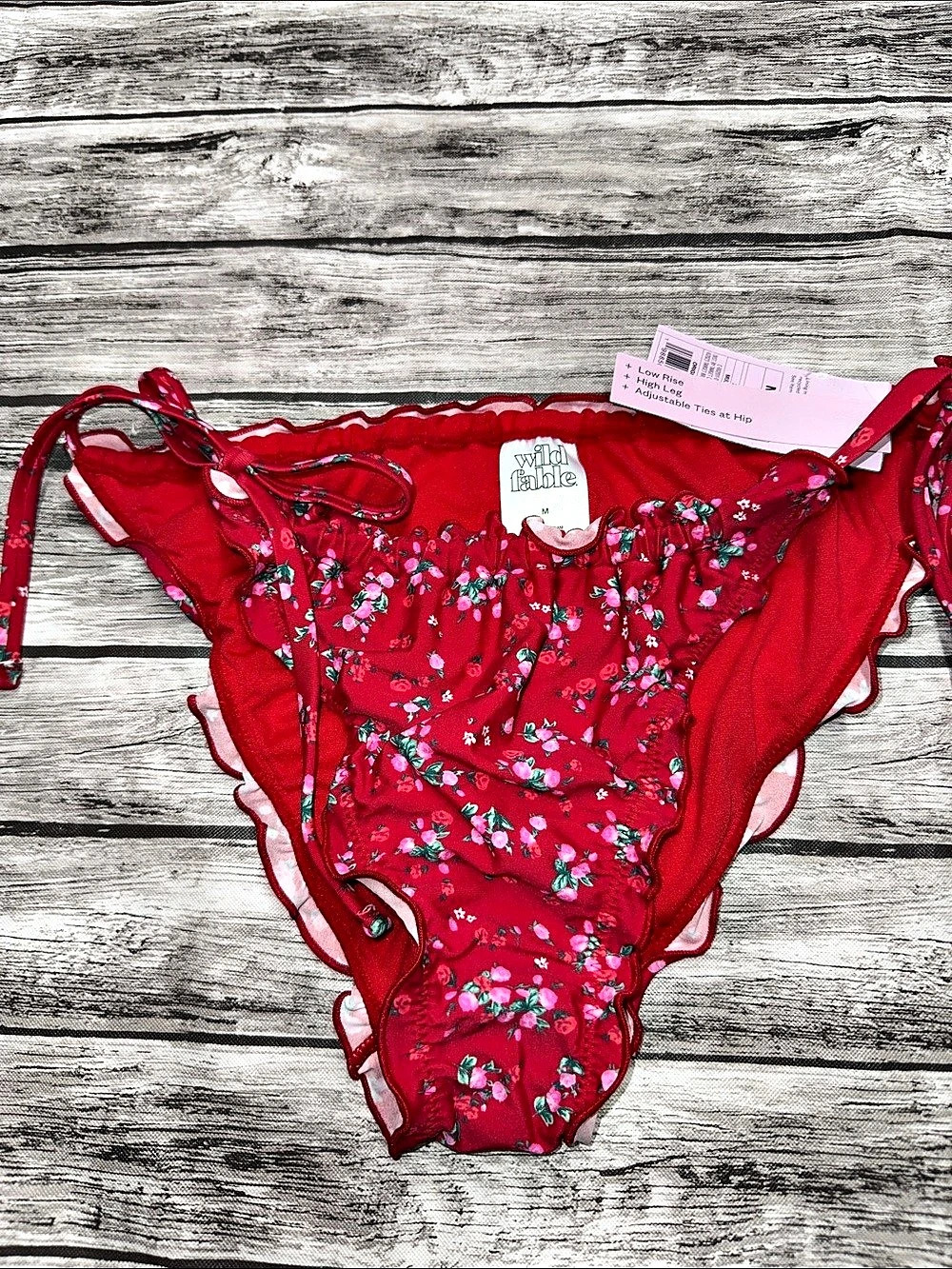 Wild Fable Ruffle Edge Low-Rise High Leg Cheeky Bikini Bottom Red & Pink Medium